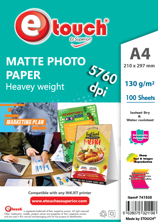 PAPEL MATTE FOTO A4, 100 HOJAS, 130GRS ETOUCH